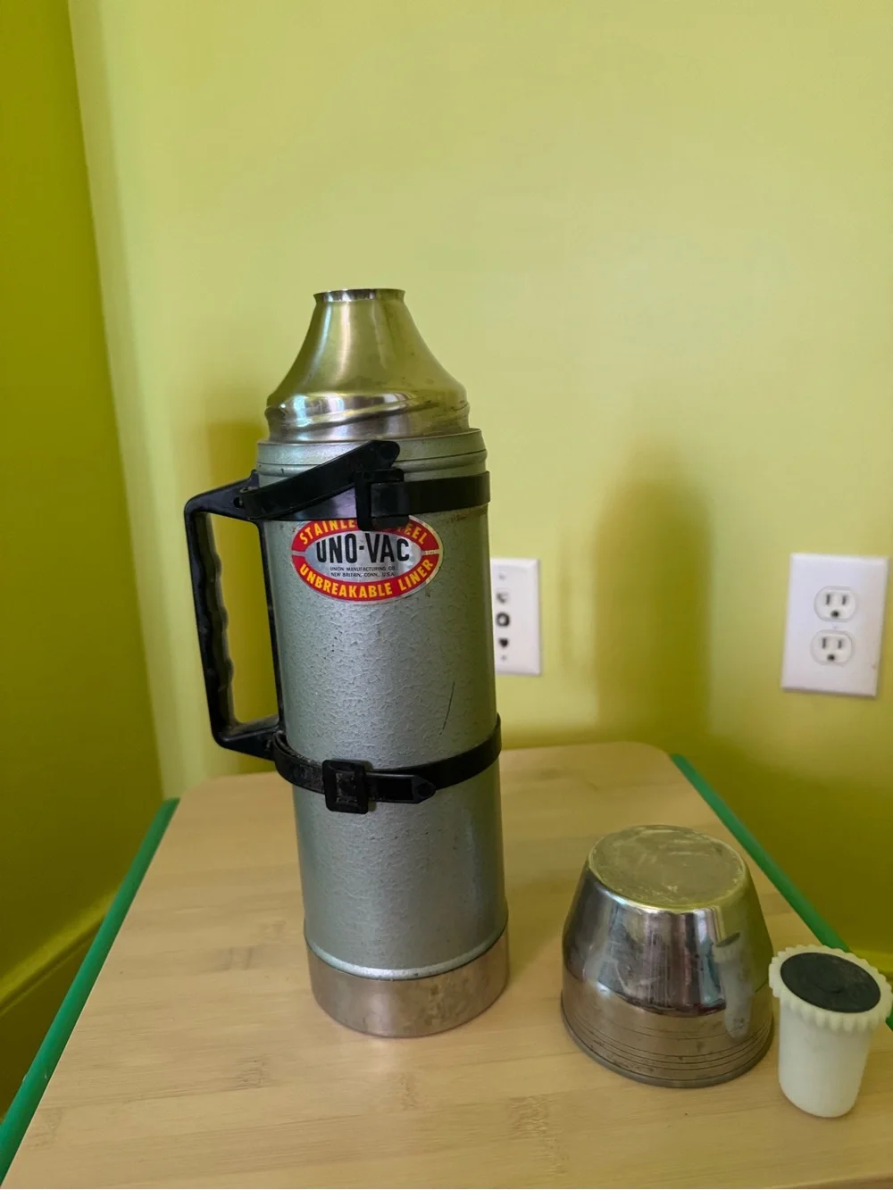 Vintage Silver and green Stainless Steel Vacuum Bottle